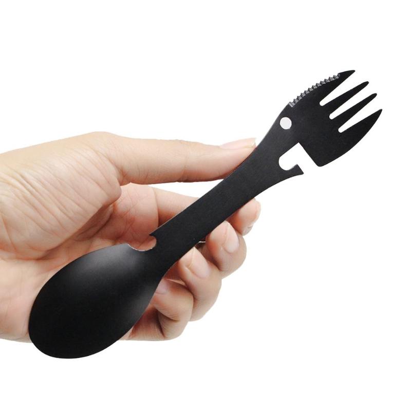 5 in 1 Multi-functional Stainless Steel Outdoor Camping Survival EDC Tool Practical Fork Knife Spoon Bottle/Can Opener-ebowsos