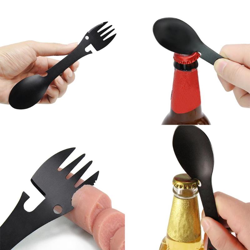 5 in 1 Multi-functional Stainless Steel Outdoor Camping Survival EDC Tool Practical Fork Knife Spoon Bottle/Can Opener-ebowsos