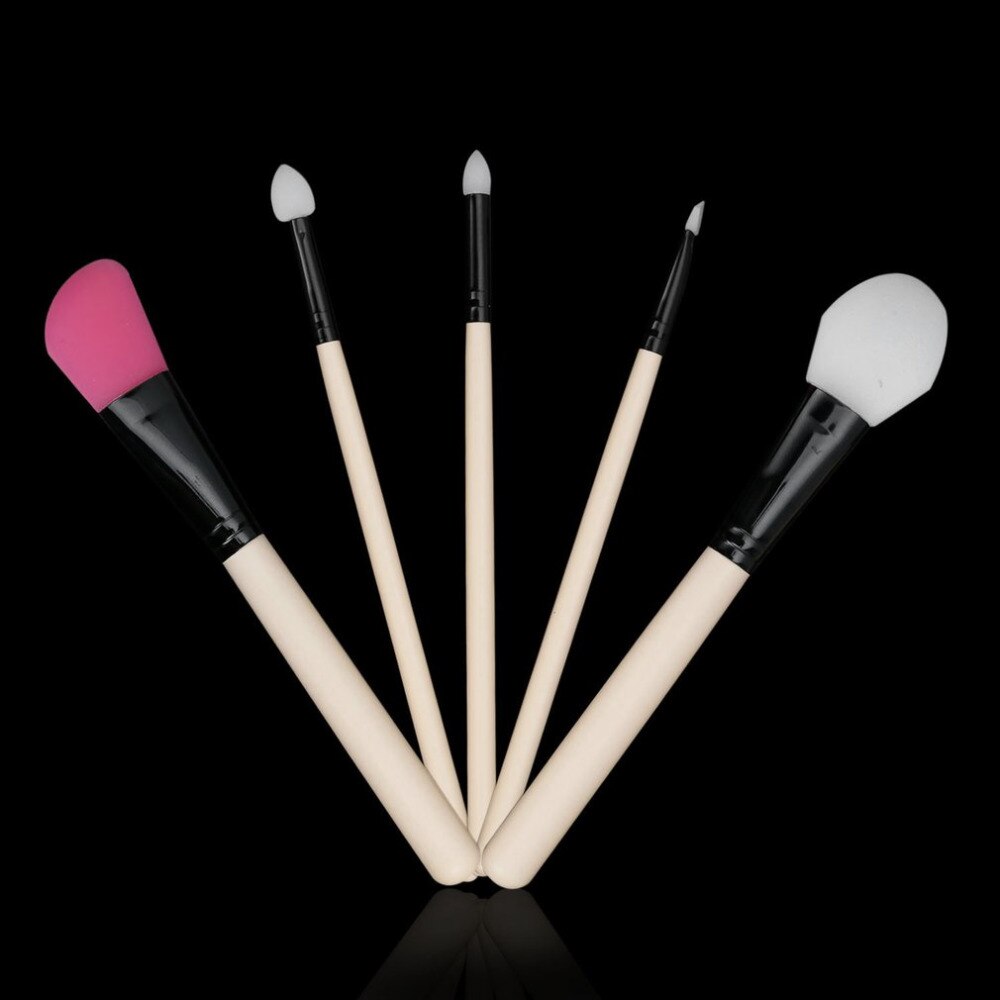 5 pcs/set Beauty Face Makeup Brushes Set Silicone Wooden Handle Foundation Concealer Blush Brush Blending Cosmetics Brush Kit - ebowsos