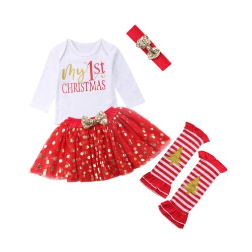 5Pcs Christmas Newborn Baby Girls Christmas Romper + Dot Dress + Leg Warmes Outfits Clothes - ebowsos