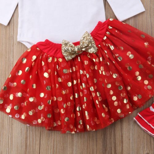 5Pcs Christmas Newborn Baby Girls Christmas Romper + Dot Dress + Leg Warmes Outfits Clothes - ebowsos