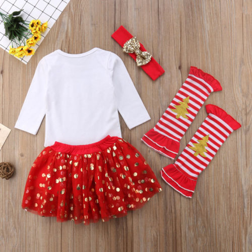 5Pcs Christmas Newborn Baby Girls Christmas Romper + Dot Dress + Leg Warmes Outfits Clothes - ebowsos