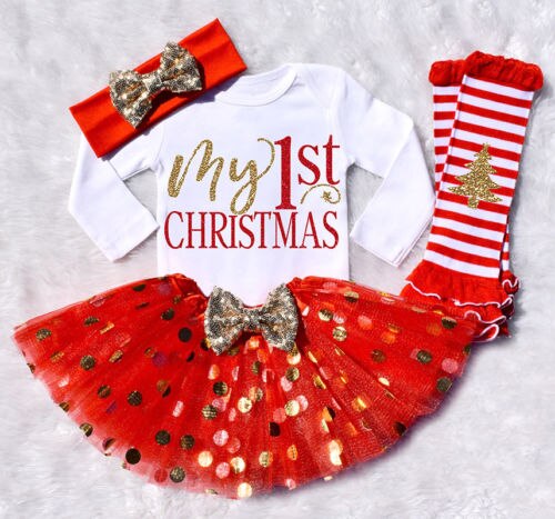 5Pcs Christmas Newborn Baby Girls Christmas Romper + Dot Dress + Leg Warmes Outfits Clothes - ebowsos