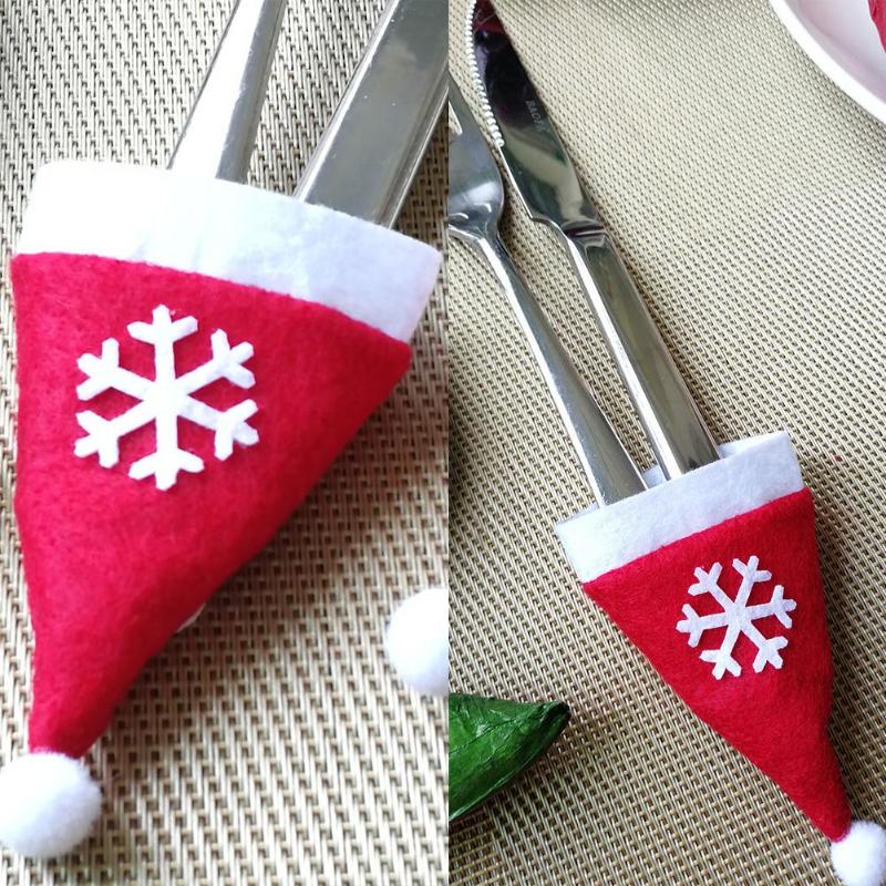 5pcs Snowflakes Christmas Hat Xmas Tree Ornaments Knife Fork Pouch Holder - ebowsos