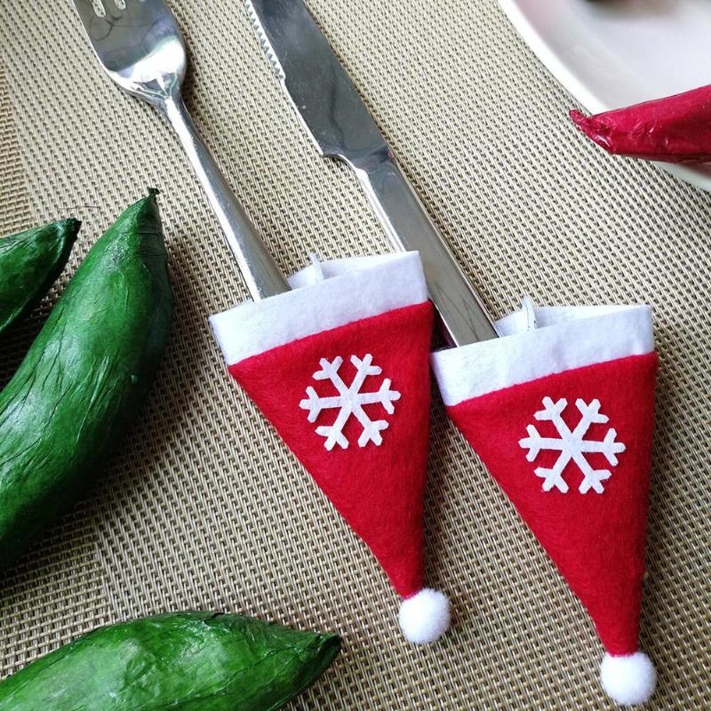 5pcs Snowflakes Christmas Hat Xmas Tree Ornaments Knife Fork Pouch Holder - ebowsos