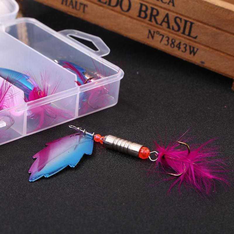 5pcs/bag Sequins Fishing Lures Tackle Metal Sinking Rotating Bionic Baits With Feather Crankbait Wobbler Swimbait-ebowsos