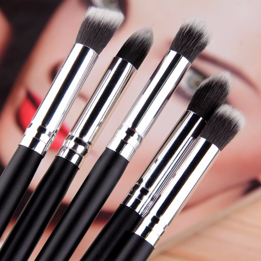 5pcs/set Portable Pro Makeup Brushes Set Silver Black Soft Blending Powder Foundation Concealer Brush Beauty Makeup Brush Tool - ebowsos