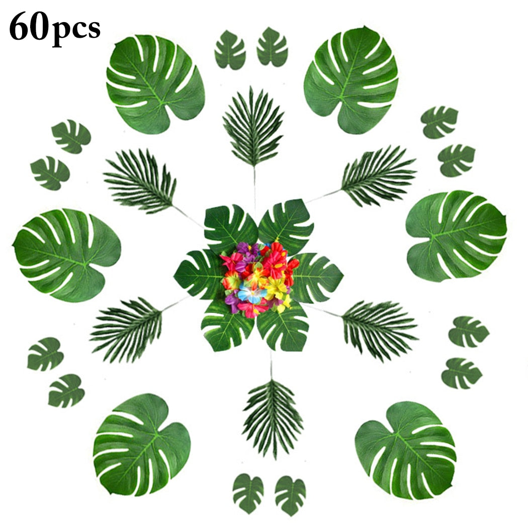 60PCS Artificial Plant Set Tropical Fake Leaf Artificial Flower Green Plastic Leaf For Party Decor-ebowsos