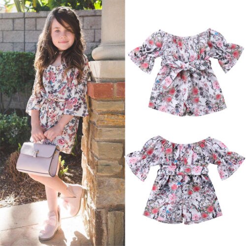 6M-5Y Toddler Kids Baby Girl Jumpsuit Flare Sleeve Romper Short Pants Baby Girl One-Piece Clothes - ebowsos