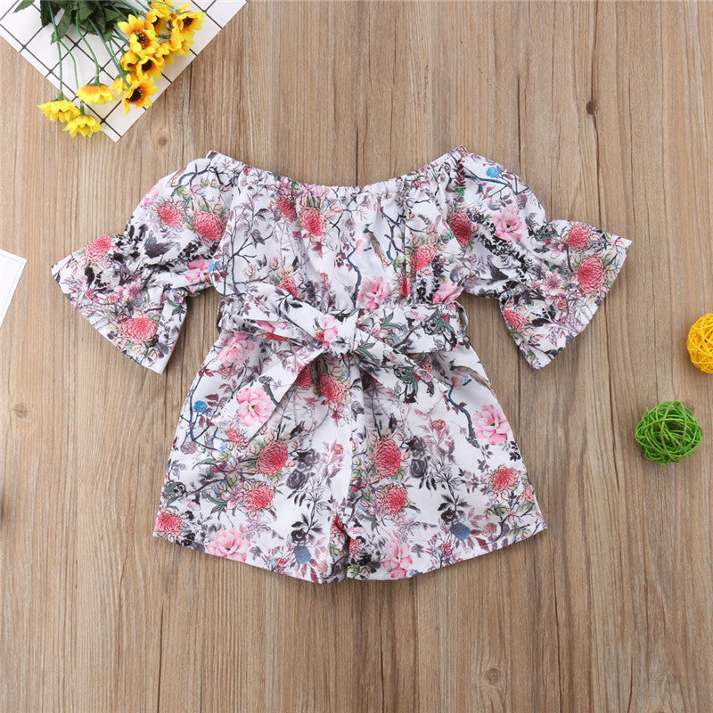 6M-5Y Toddler Kids Baby Girl Jumpsuit Flare Sleeve Romper Short Pants Baby Girl One-Piece Clothes - ebowsos