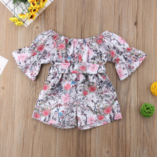 6M-5Y Toddler Kids Baby Girl Jumpsuit Flare Sleeve Romper Short Pants Baby Girl One-Piece Clothes - ebowsos