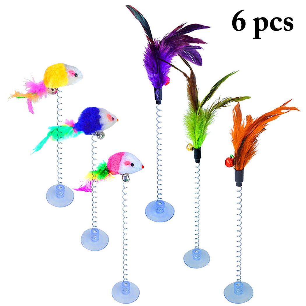 6PCS Cat Toy Feather Bell Toys Spring Sucker Feather Mice Pet Interactive Toy Cat Teaser With Bell Pet Supplies Random Color-ebowsos