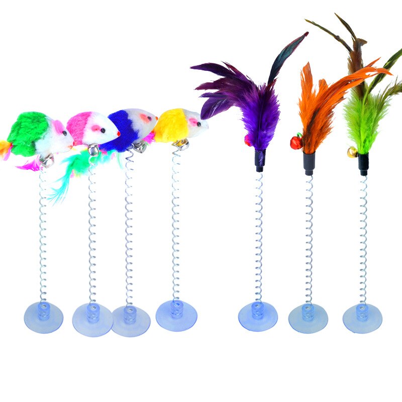 6PCS Cat Toy Feather Bell Toys Spring Sucker Feather Mice Pet Interactive Toy Cat Teaser With Bell Pet Supplies Random Color-ebowsos