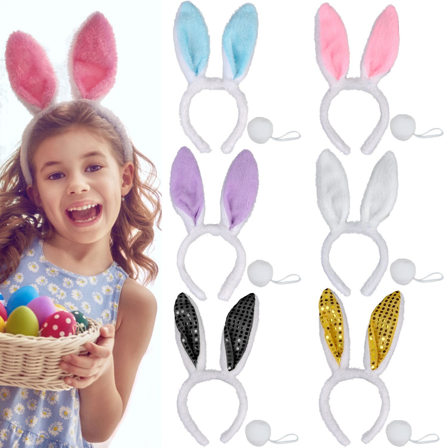 6PCS Hair Hoop Lovely Rabbit Ear Party Headband Party Headwear With 6PCS Tails Easter Children's Day Party Decorations Supplies-ebowsos