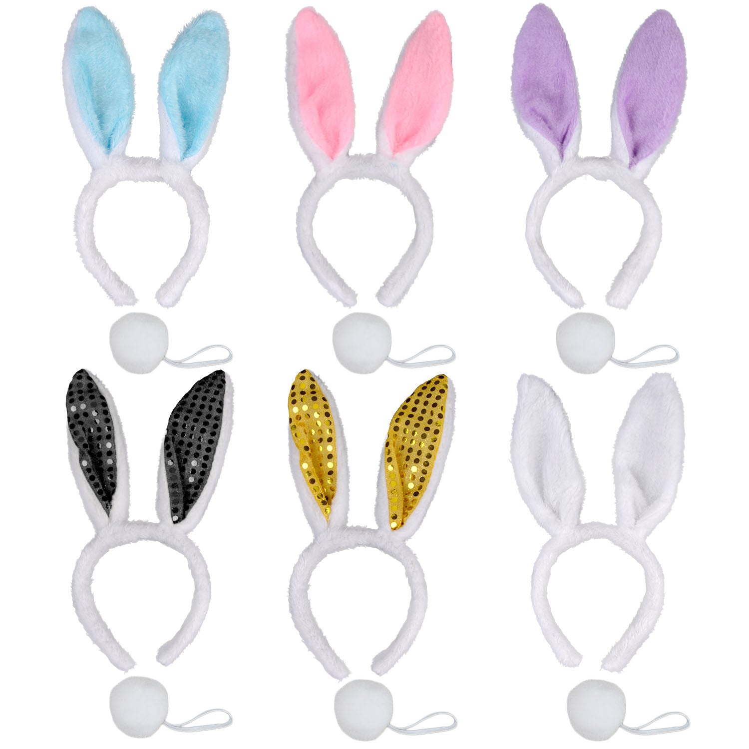 6PCS Hair Hoop Lovely Rabbit Ear Party Headband Party Headwear With 6PCS Tails Easter Children's Day Party Decorations Supplies-ebowsos