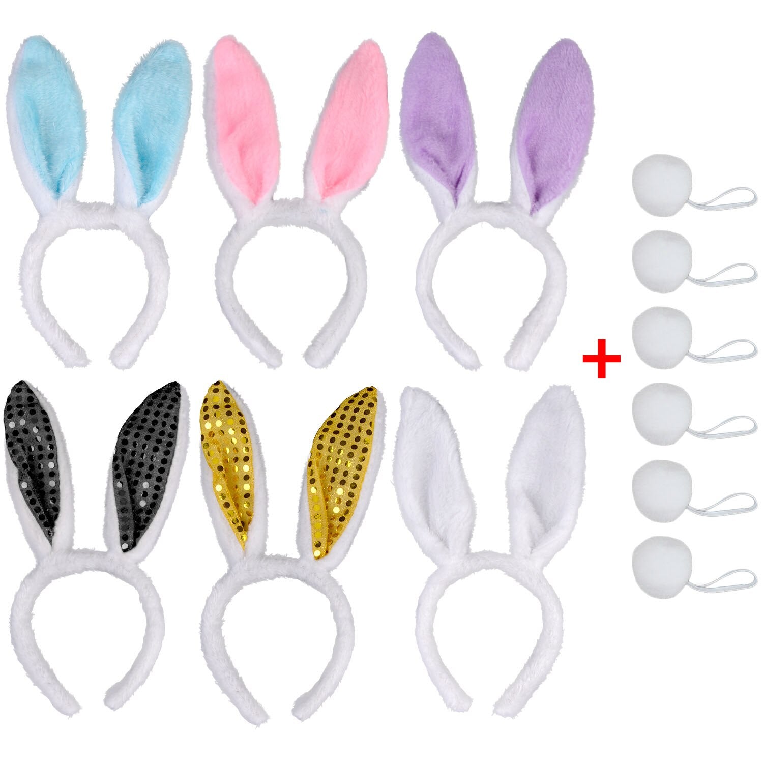 6PCS Hair Hoop Lovely Rabbit Ear Party Headband Party Headwear With 6PCS Tails Easter Children's Day Party Decorations Supplies-ebowsos