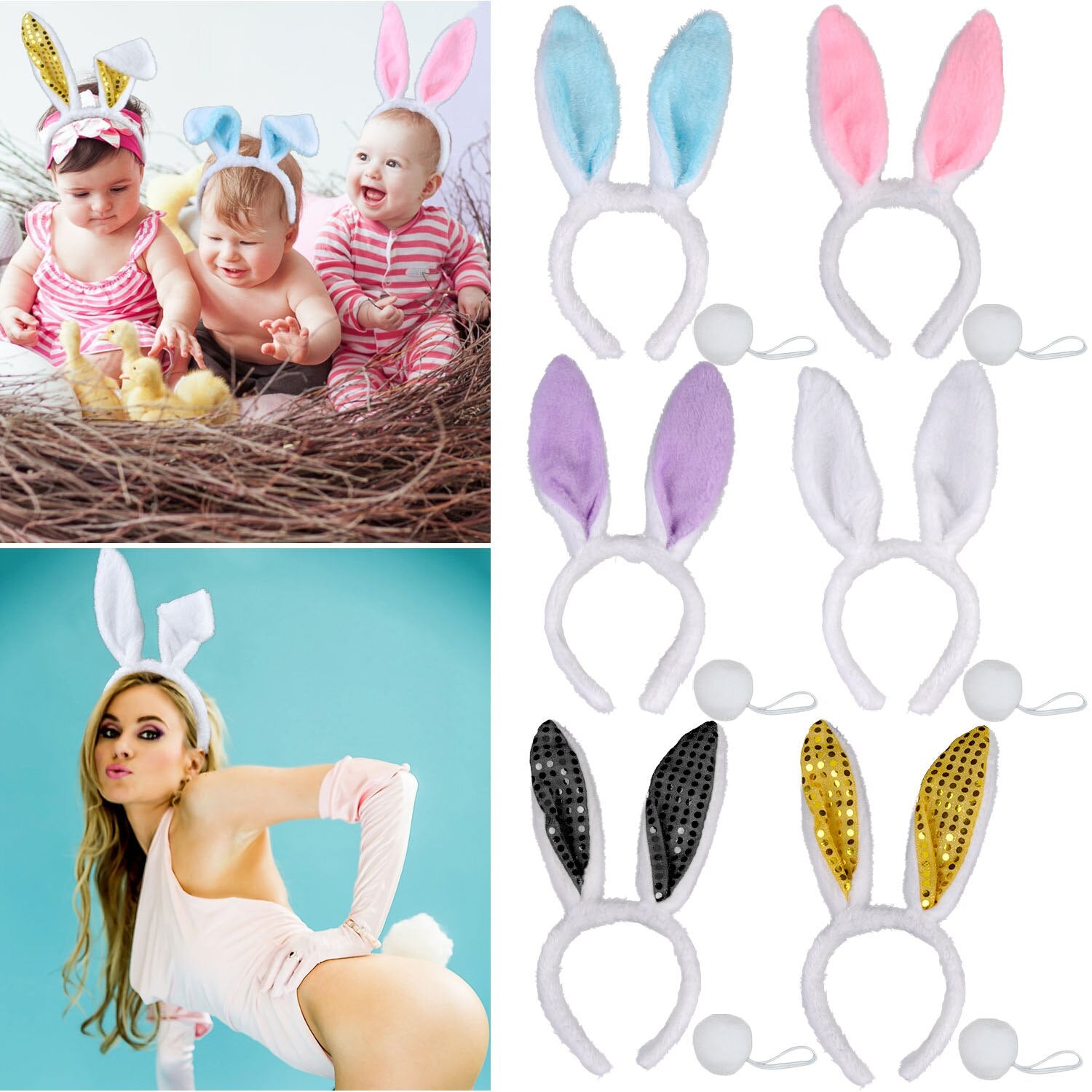 6PCS Hair Hoop Lovely Rabbit Ear Party Headband Party Headwear With 6PCS Tails Easter Children's Day Party Decorations Supplies-ebowsos