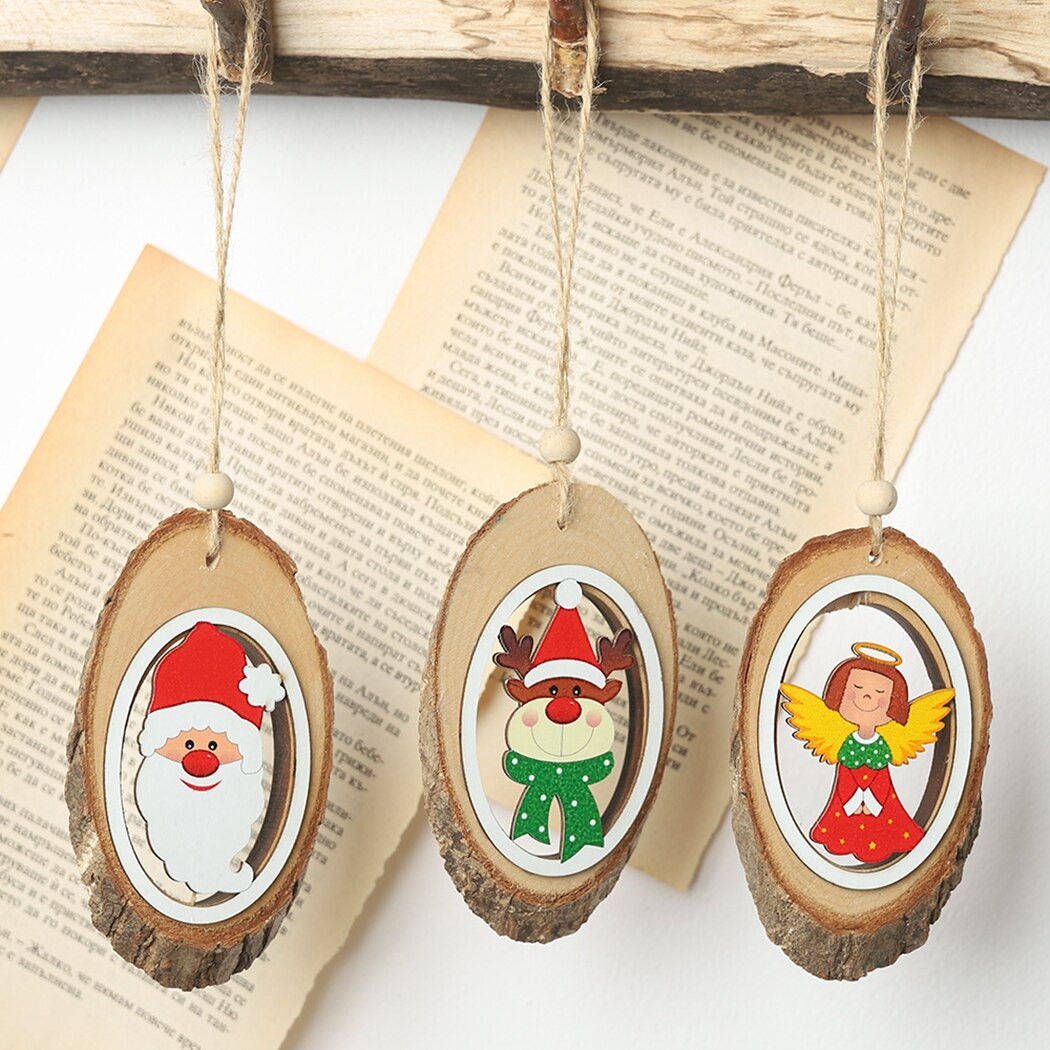 6PCS Manual Wooden Christmas Hanging Ornament Cute Santa Snowman Angel Christmas Tree Ornament Wreath DIY Accessories-ebowsos