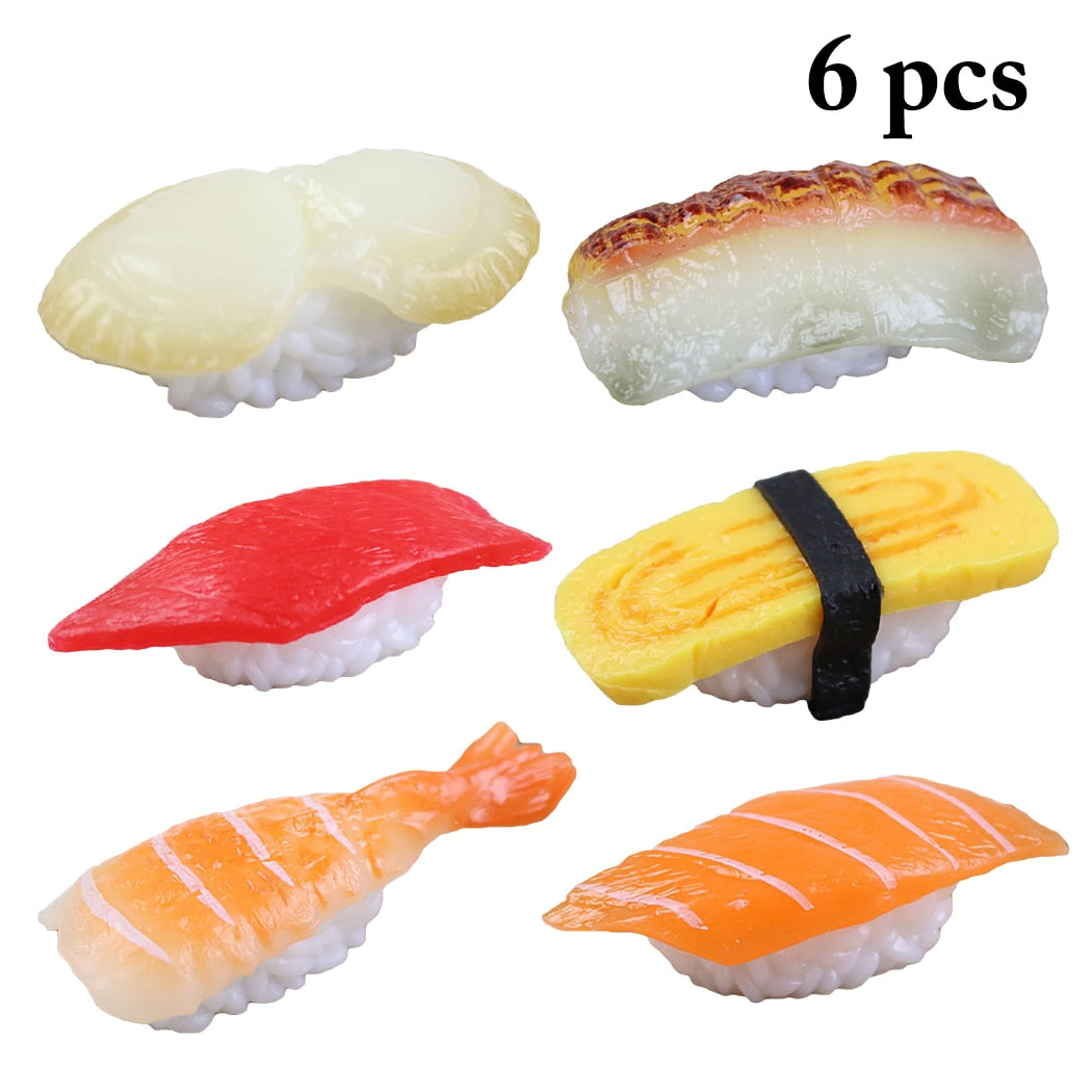 6PCS Simulation Sushi Model Japanese Food Shooting Decoration Props Salmon Squid Cooked Shrimp Scallop Yellow Skin Tuna Sushi-ebowsos