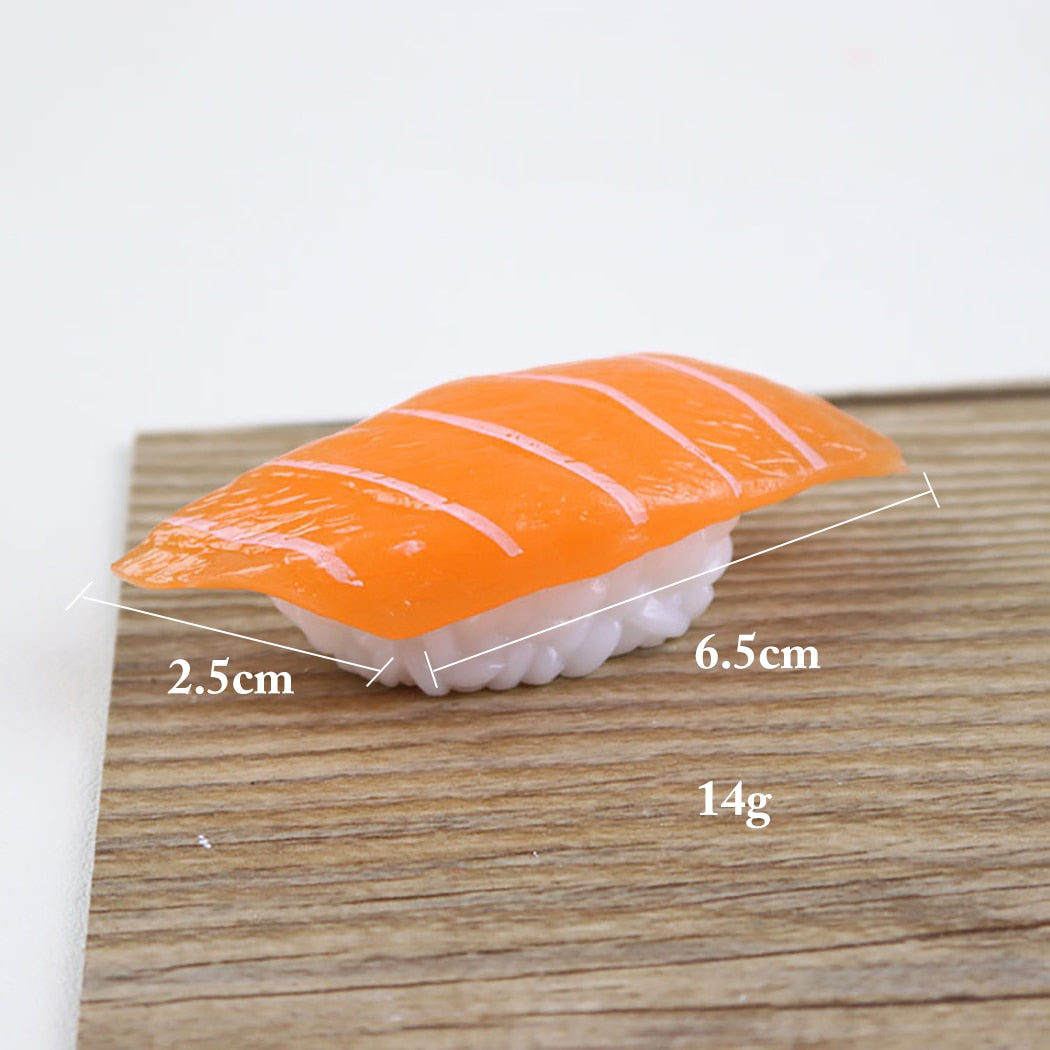 6PCS Simulation Sushi Model Japanese Food Shooting Decoration Props Salmon Squid Cooked Shrimp Scallop Yellow Skin Tuna Sushi-ebowsos