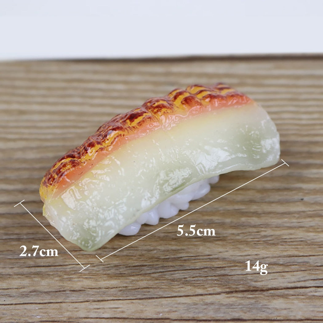 6PCS Simulation Sushi Model Japanese Food Shooting Decoration Props Salmon Squid Cooked Shrimp Scallop Yellow Skin Tuna Sushi-ebowsos