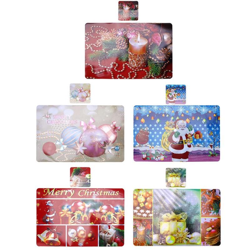 6pcs/Set Christmas Print PVC Dining Table Mat Disc Bowl Napkin Pads Coaster - ebowsos