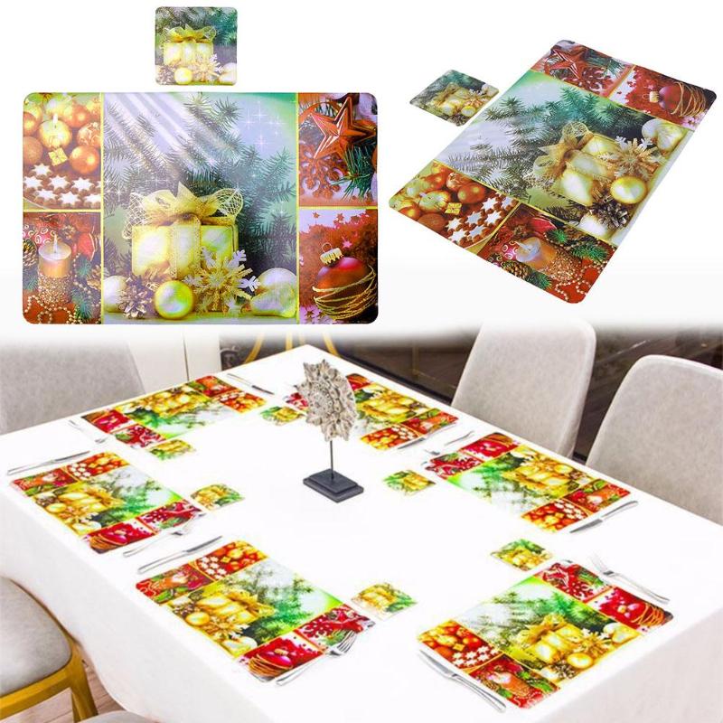 6pcs/Set Christmas Print PVC Dining Table Mat Disc Bowl Napkin Pads Coaster - ebowsos