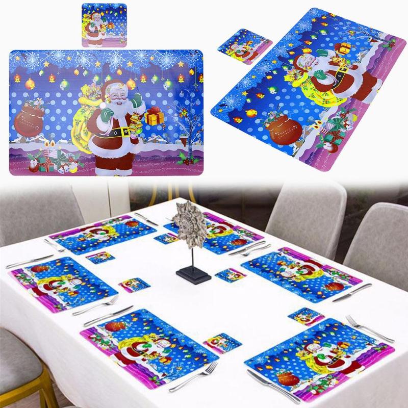 6pcs/Set Christmas Print PVC Dining Table Mat Disc Bowl Napkin Pads Coaster - ebowsos