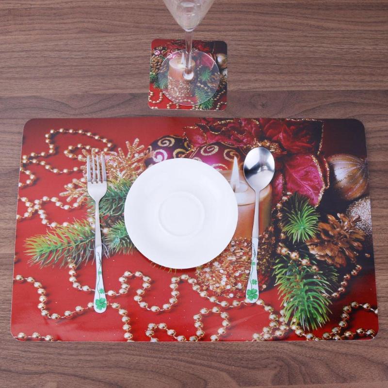 6pcs/Set Christmas Print PVC Dining Table Mat Disc Bowl Napkin Pads Coaster - ebowsos