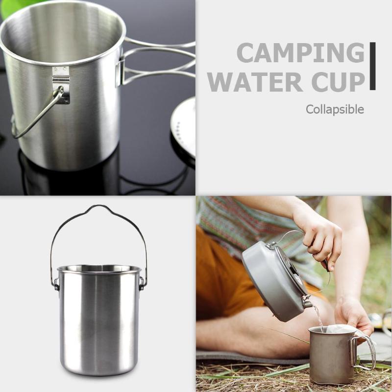 750ml Stainless Steel Outdoor Camping Hang Pot Water Cup Foldable with Lid Picnic Hang Pot-ebowsos