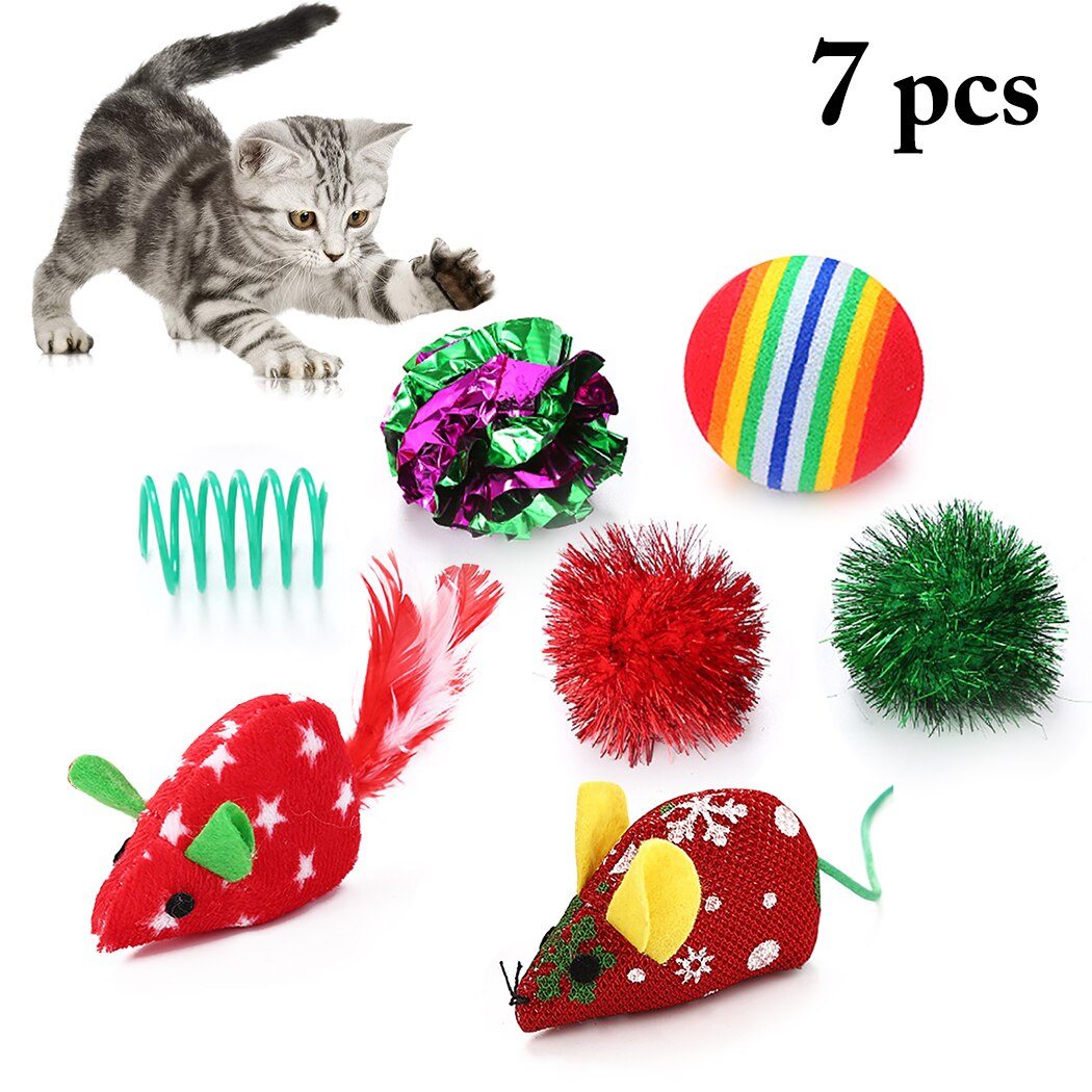 7pcs Cat Toy Interactive Cat Toys Play Ball Training Pet Supplies Spring Cat Teaser Little Mouse Realistic Mice for Christmas-ebowsos