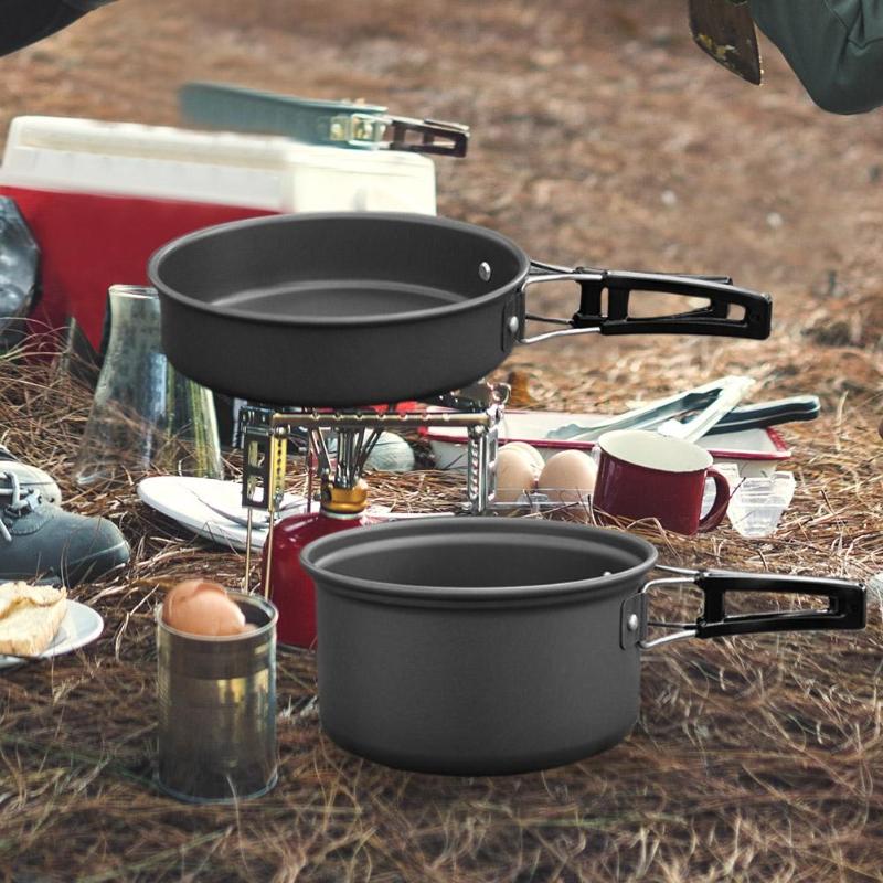 8pcs DS-200 Outdoor Camping Cookware Set Portable Tableware Cooking Travel Cutlery Utensils Hiking Picnic Tools Black Handle-ebowsos