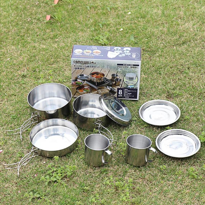 8pcs/Set Outdoor Cookware Set Camping Cookware Utensils Outdoor Cooking Teapot Picnic Tableware Kettle Pot Frying Pan-ebowsos