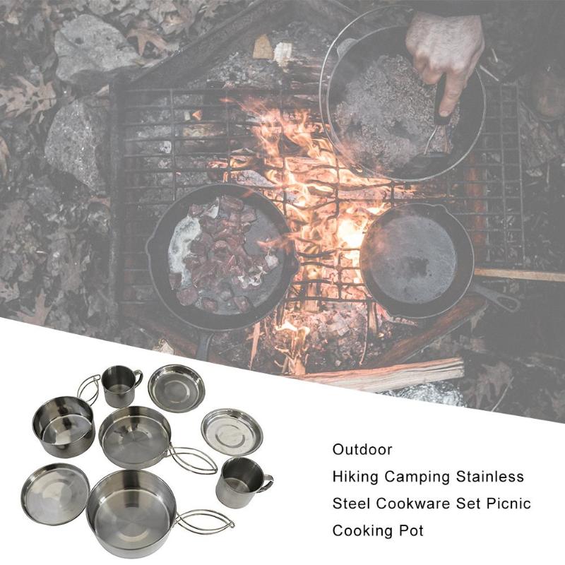 8pcs/Set Outdoor Cookware Set Camping Cookware Utensils Outdoor Cooking Teapot Picnic Tableware Kettle Pot Frying Pan-ebowsos