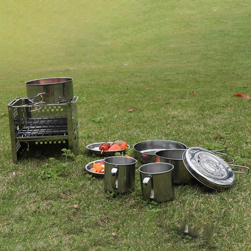 8pcs/Set Outdoor Cookware Set Camping Cookware Utensils Outdoor Cooking Teapot Picnic Tableware Kettle Pot Frying Pan-ebowsos