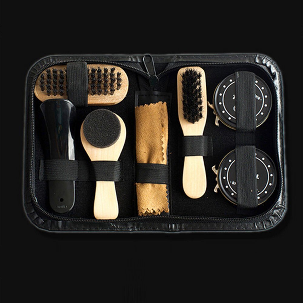 8pcs Shoe Shine Polish Cleaning Care Brushes Cloth Kit Travel With Case Shoe Shine Care Kit Shoe Care Kit-ebowsos