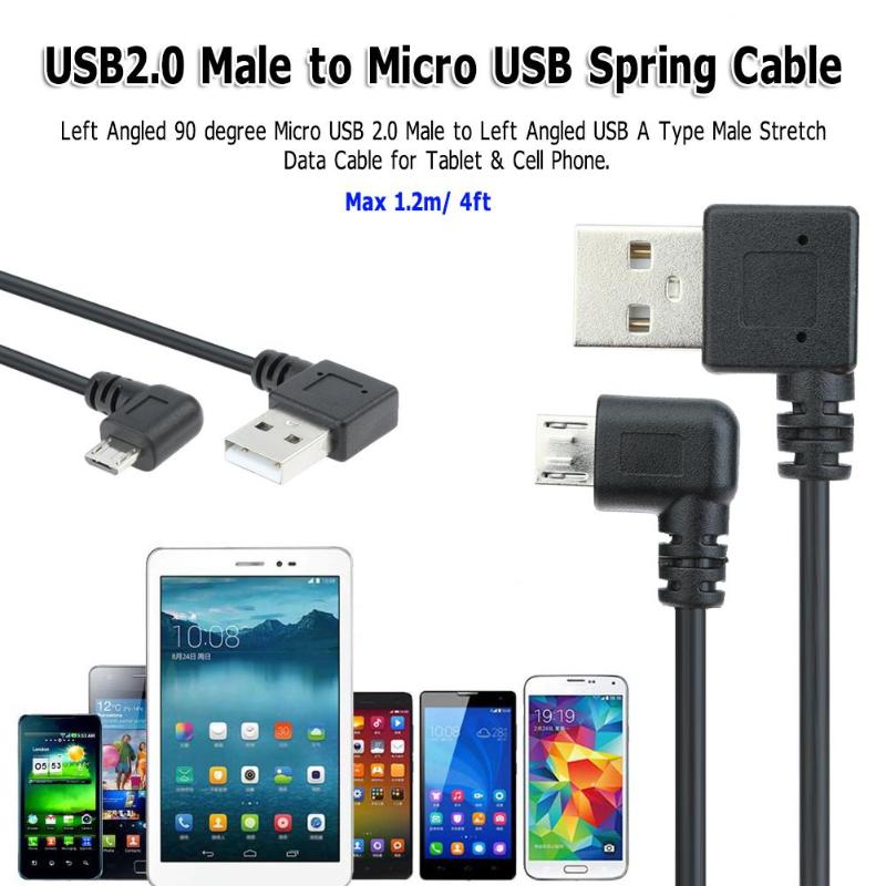 90 Degree 1.2m 4Ft USB2.0 Male to Micro USB Spring Charging Data Cable Wire - ebowsos