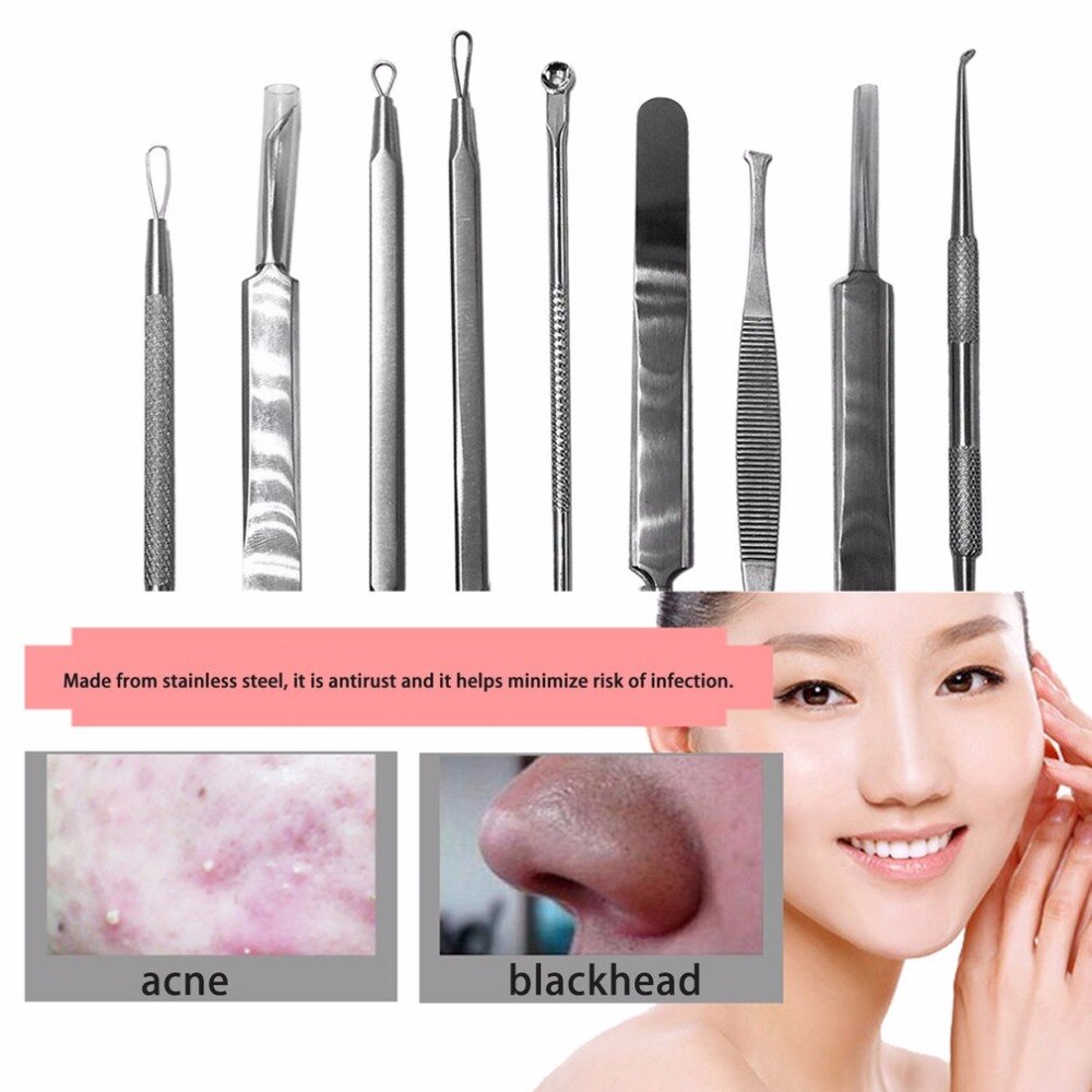 9Pcs/set Stainless Steel Acne Needle Blackhead Blemish Pimple Extractor Remover Tool Set Face Skin Care Blackhead Tweezer - ebowsos