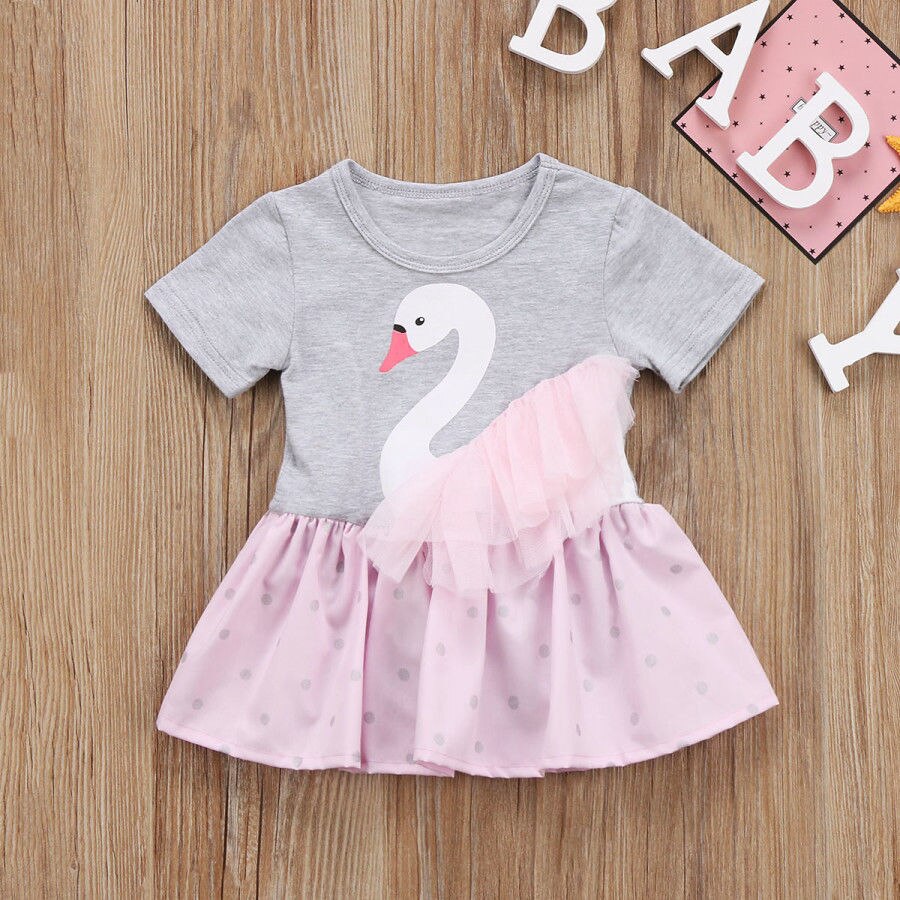 A-line Newborn Baby Girl Swan Romper Cotton T-shirt Lace Dot Dress Clothes Summer - ebowsos