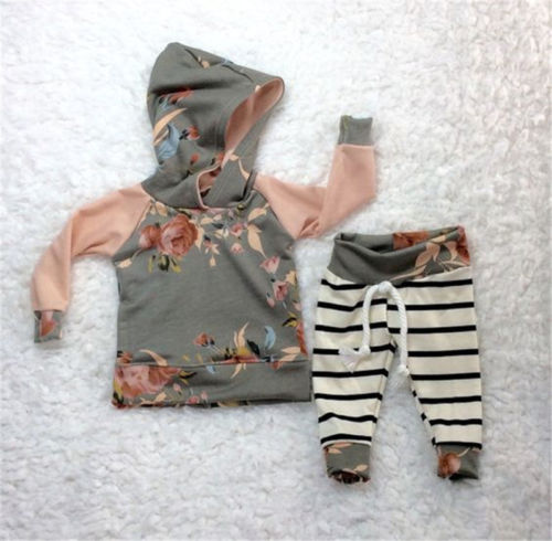 AU Newborn Baby Girls Floral Hooded Tops Striped Pants Leggings Outfits Clothes - ebowsos