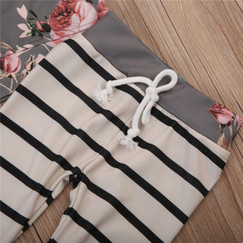 AU Newborn Baby Girls Floral Hooded Tops Striped Pants Leggings Outfits Clothes - ebowsos