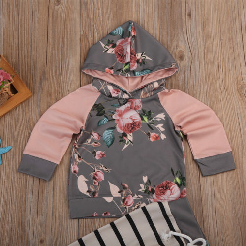 AU Newborn Baby Girls Floral Hooded Tops Striped Pants Leggings Outfits Clothes - ebowsos