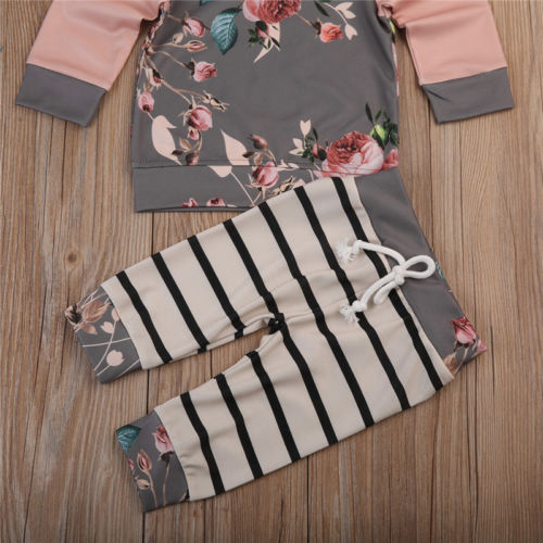 AU Newborn Baby Girls Floral Hooded Tops Striped Pants Leggings Outfits Clothes - ebowsos