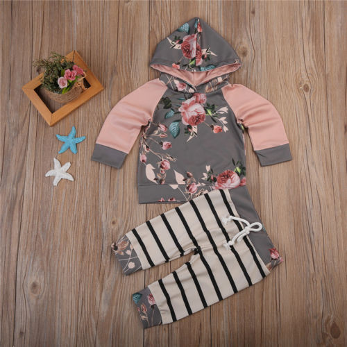 AU Newborn Baby Girls Floral Hooded Tops Striped Pants Leggings Outfits Clothes - ebowsos