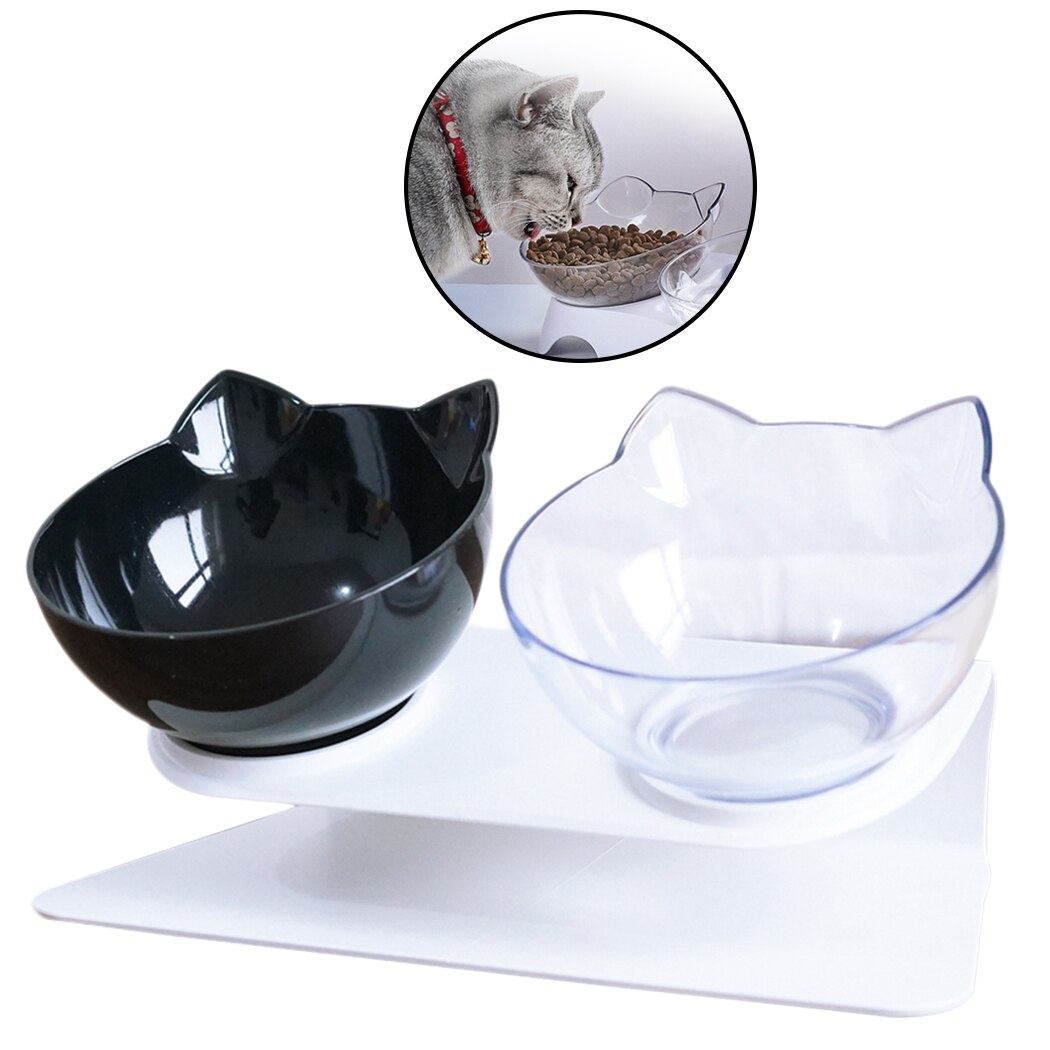 Adjustable Pet Bowl Creative Non-Slip Base Cat Dog Double Bowl For Food Water Transparent Cat Face Shape Double Bowl Pet Feeding-ebowsos