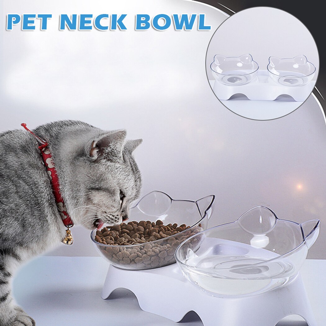 Adjustable Pet Bowl Creative Non-Slip Base Cat Dog Double Bowl For Food Water Transparent Cat Face Shape Double Bowl Pet Feeding-ebowsos