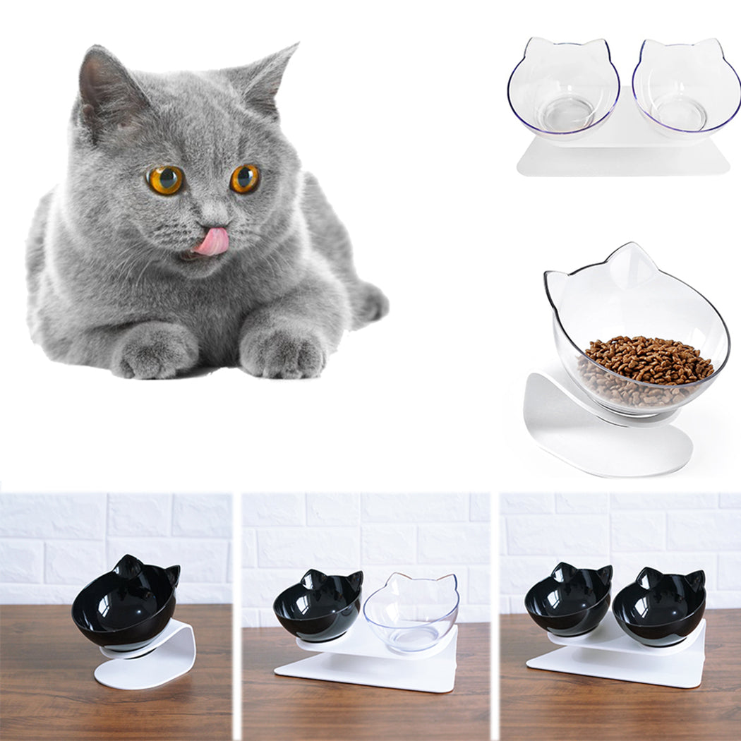 Adjustable Pet Bowl Creative Non-Slip Base Cat Dog Double Bowl For Food Water Transparent Cat Face Shape Double Bowl Pet Feeding-ebowsos