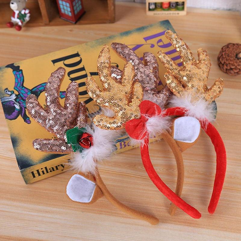 Adult Kids Cute Elk Horn Christmas Headband Glitter Sequins Xmas Hairband - ebowsos