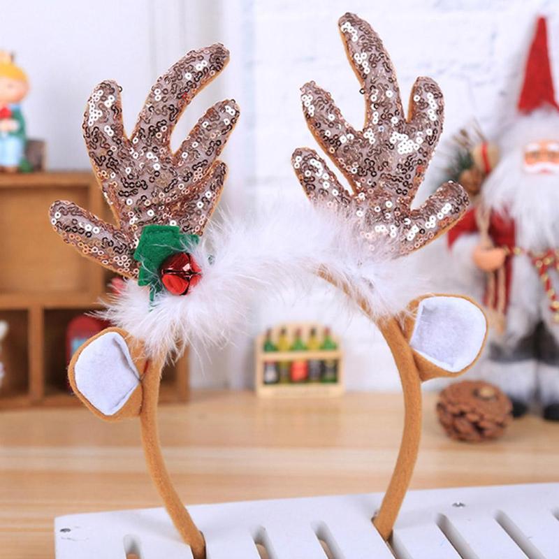 Adult Kids Cute Elk Horn Christmas Headband Glitter Sequins Xmas Hairband - ebowsos