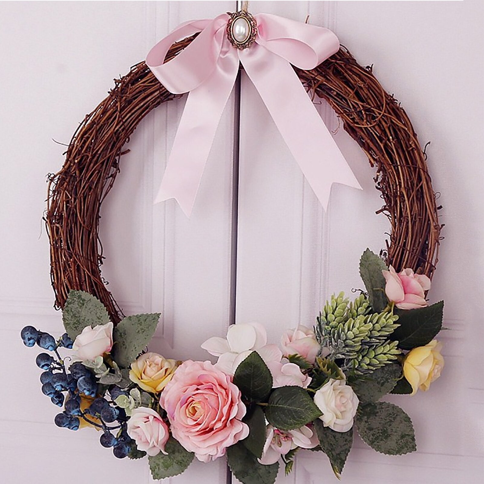 Artificial Flowers Rose Eucalyptus Berries Flowers Bowknot Door Lintel Flower Mirror Garland Wreath Wedding Background Props-ebowsos